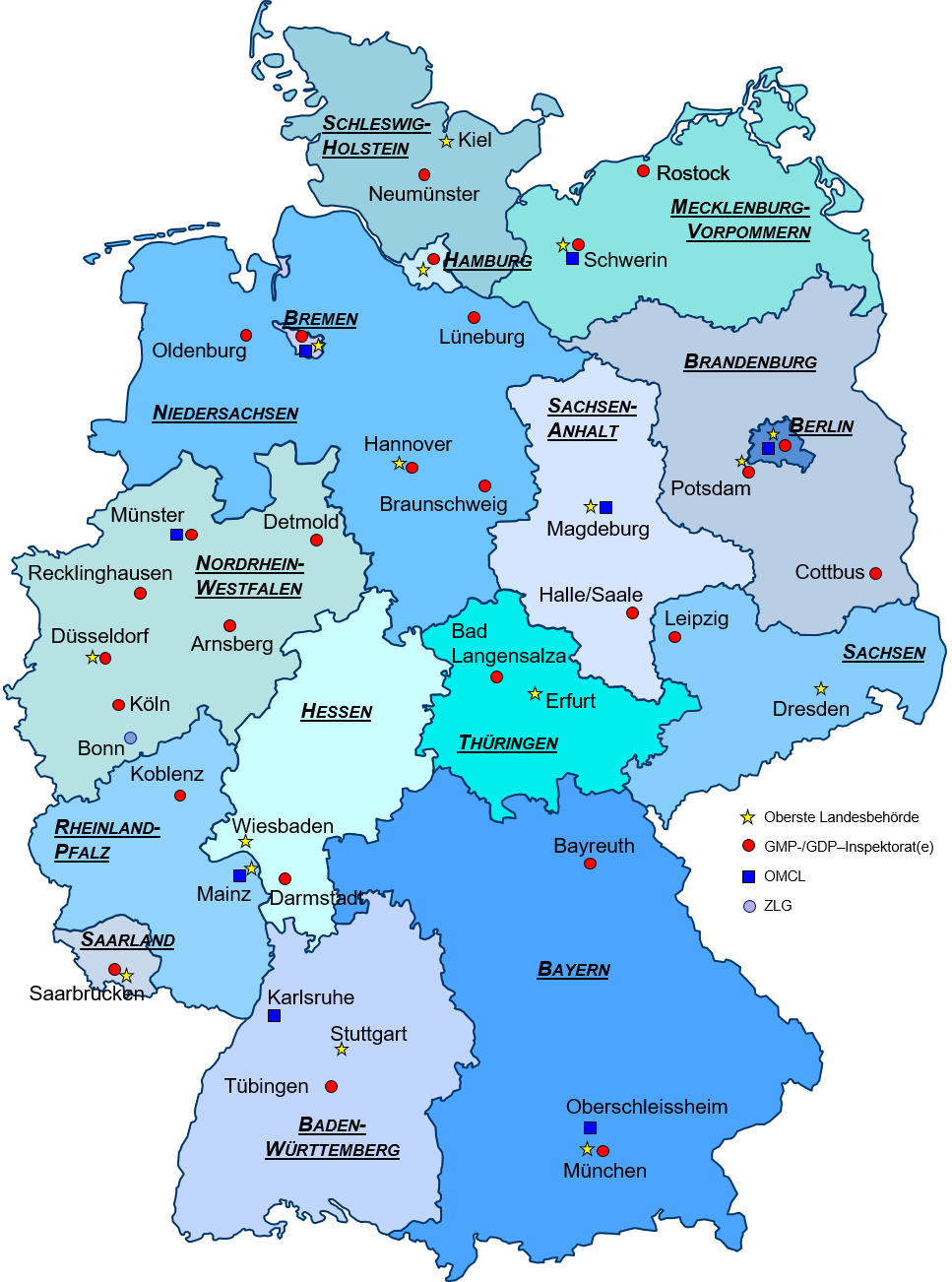 Karte der Bundesrepublik Deutschland mit Bundesländern und Verteilung der Behörden